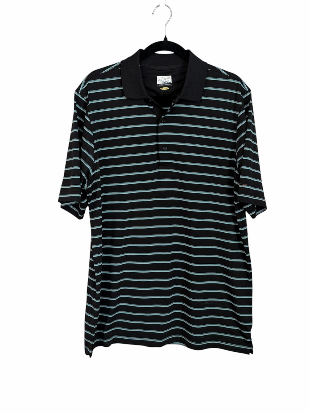 Greg Norman Men’s Play Dry Black & Light Blue Striped Polo Sz M GUC
